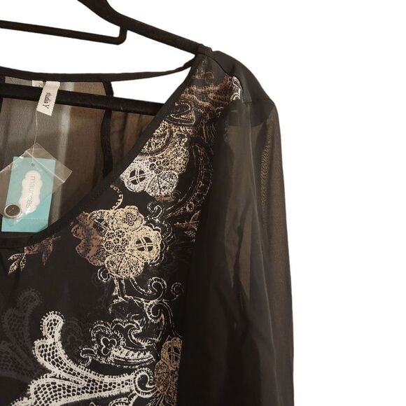 Maurices Studio Y Large Black White Lace Button 3/4 Sleeve Chiffon Top - Picture 6 of 13